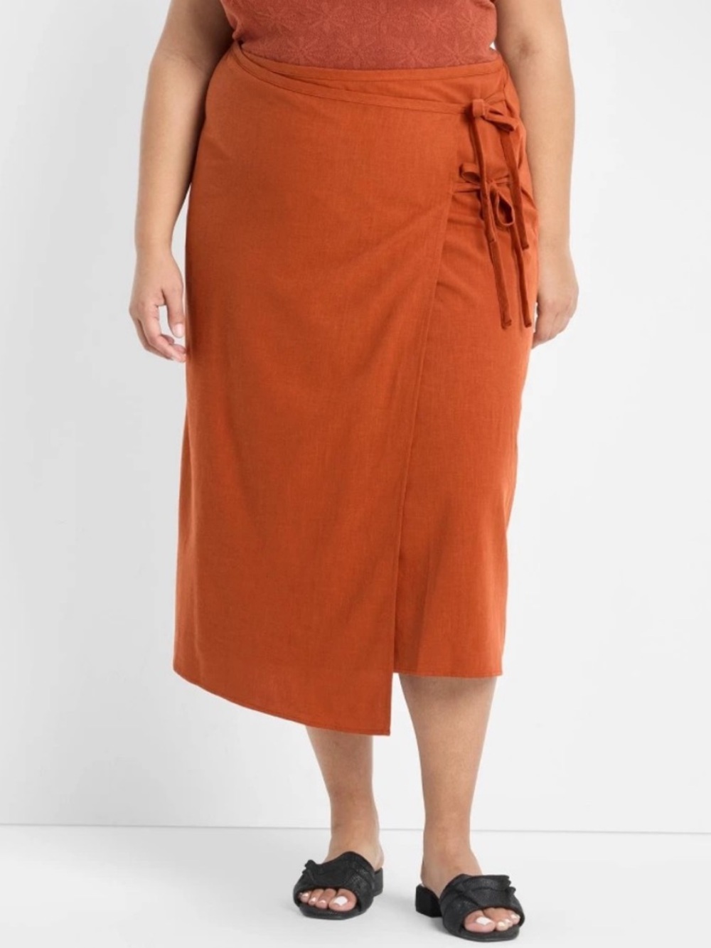 Plus-Size Rust Wrap Midi Skirt with Side Tie